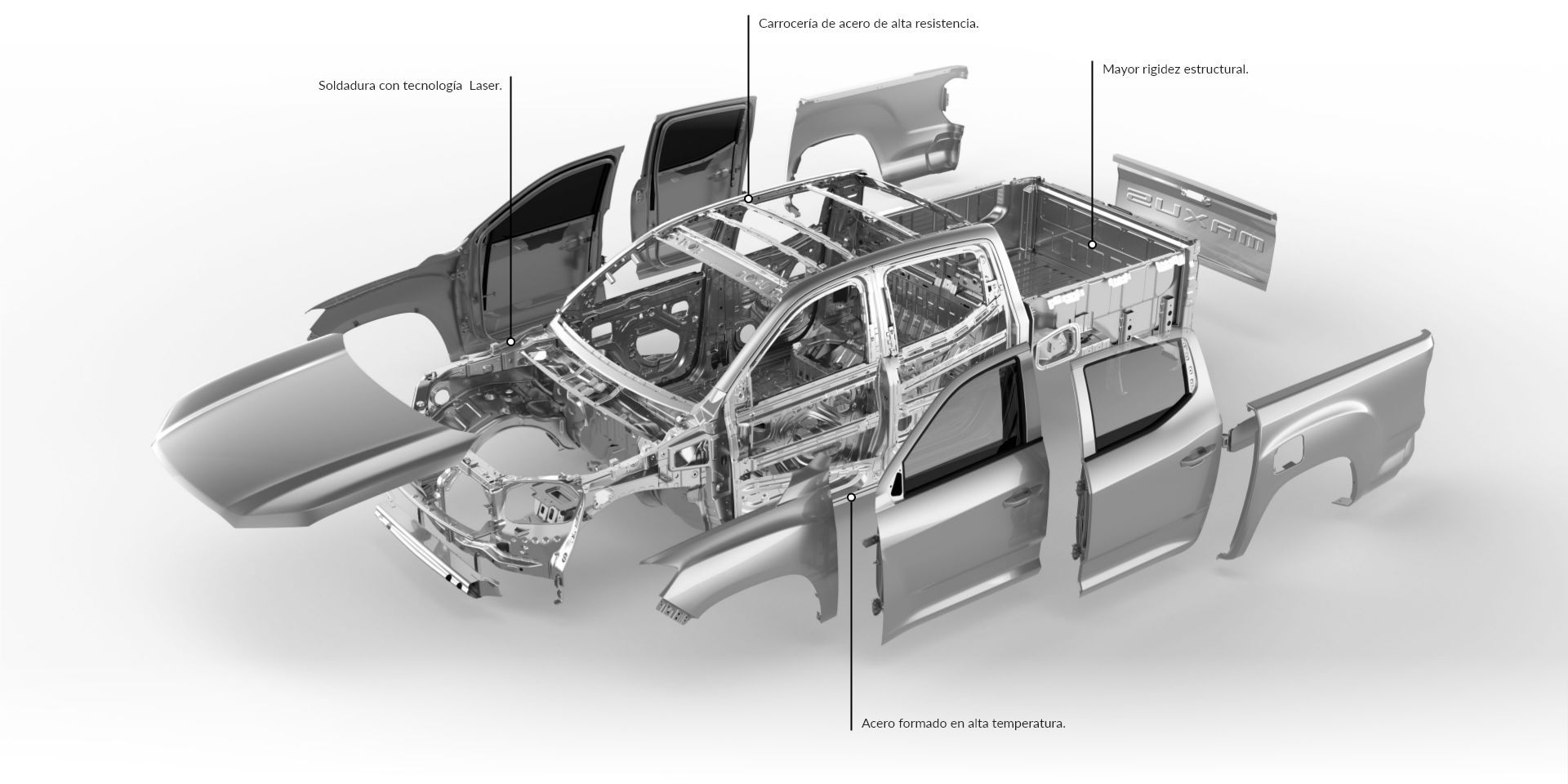 El T60 D20 viene equipada con seis Air bags, freno de disco en las 4 ruedas, así como ABS, EBD, ESP y control de descenso para un manejo y seguridad superiores en carretera. Cuenta con sensores y cámara de retroceso para asistencia adicional al conductor. El vehículo tiene una altura libre al suelo de 22 cm, lo que la hace ideal para los requisitos tanto en carreta como fuera de ella. 